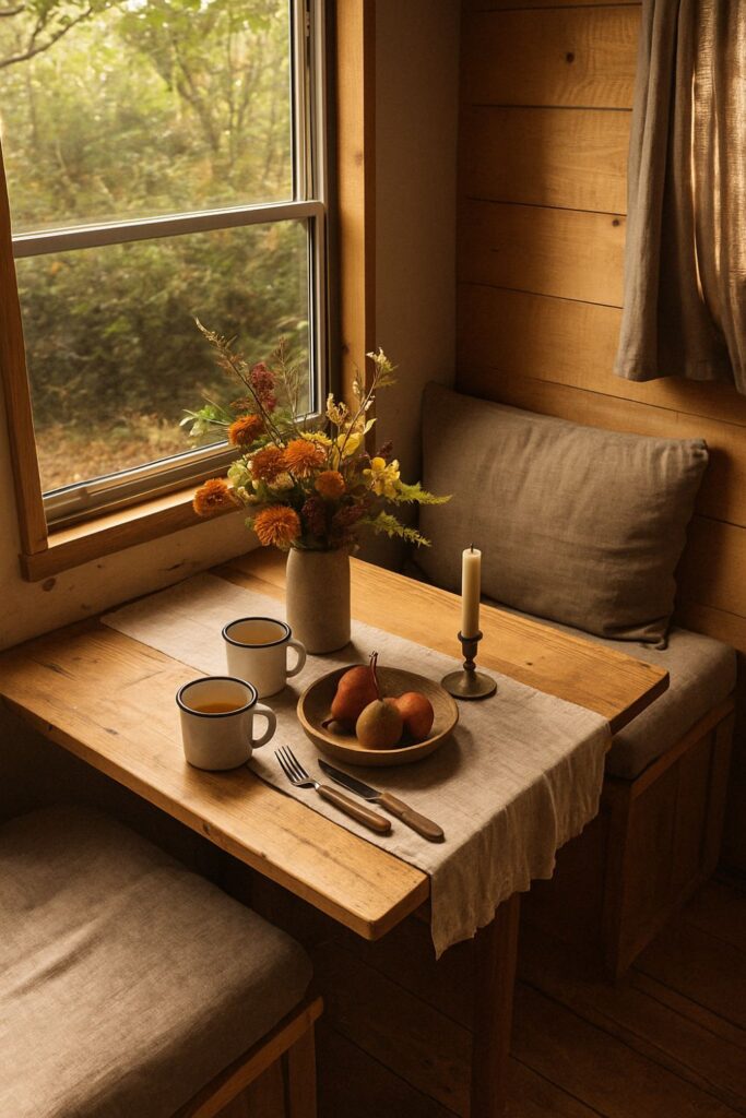 A camper van dining table decorated with a seasonal theme — a linen runner, vase of flowers, and enamel mugs. Wooden tones and soft daylight create a cosy, nature-inspired atmosphere inside the van.