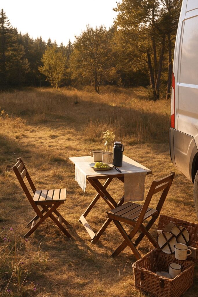 A camper van parked in a sunny meadow with a foldable table and chairs beside it. A wicker picnic basket, enamel mugs, and fruit rest on the table under golden light, creating a peaceful outdoor vanlife picnic scene.