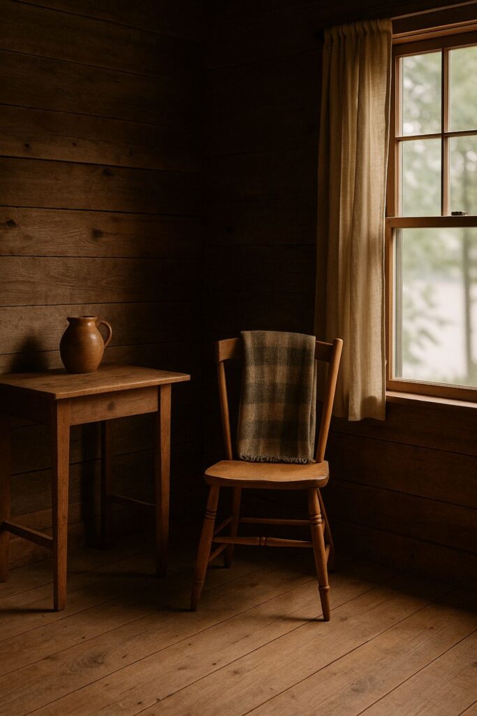 Minimal fishing cabin interior with a wooden chair and table beside a window. A clay jug and folded blanket add warmth, while sunlight highlights the natural wood textures.
