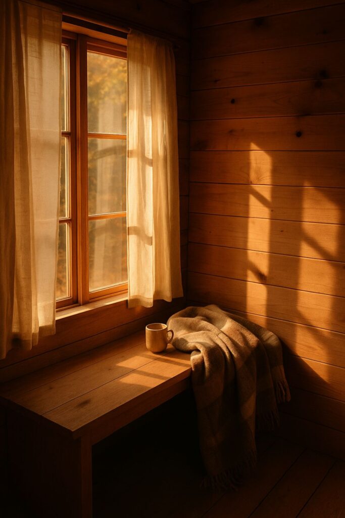 A tiny wooden cabin interior glows with golden morning sunlight streaming through linen curtains. A wool blanket and ceramic mug rest on a built-in bench, surrounded by warm wood tones and soft, rustic textures.