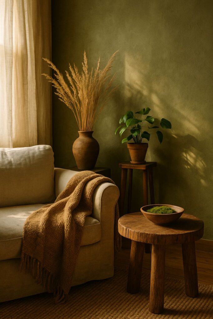 A nature-inspired corner of a home featuring a linen armchair with a jute throw, a rustic wooden side table, and a clay vase of dried grasses. Soft natural light filters through curtains onto green-toned walls, creating a serene, sensory space filled with earthy textures and woodland calm.