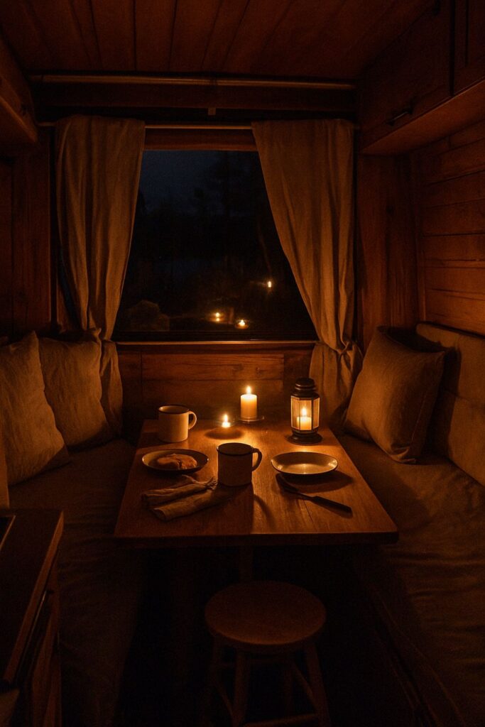 A camper van interior illuminated by candlelight, with a small wooden table set for two. Enamel mugs, a dinner plate, and flickering candles cast a soft golden glow across linen cushions and wooden walls, creating a warm, peaceful night atmosphere.