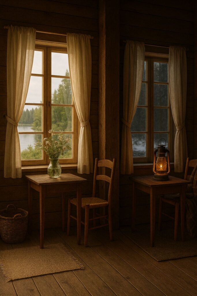 Rustic cabin interior showing summer and winter décor—linen curtains and wildflowers beside wool rugs and a glowing lantern. Natural wood tones keep it warm and inviting year-round.
