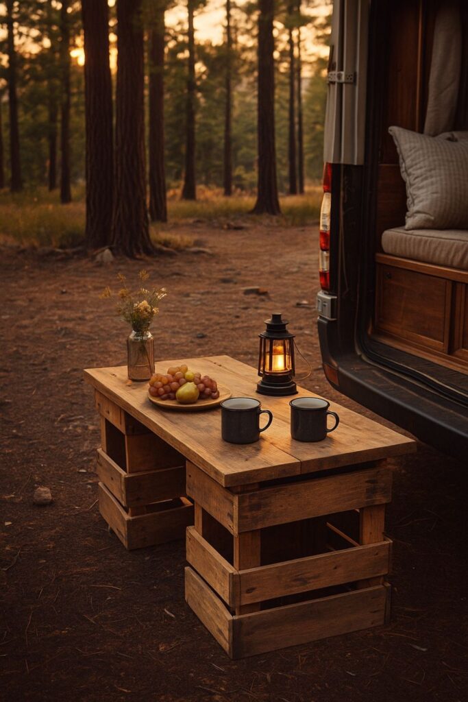 A camper van parked by a forest with a DIY wood crate table made of stacked crates topped with a wooden board. Enamel mugs, fruit, and a candle lantern sit on top, with warm sunlight filtering through trees, giving the scene a relaxed, rustic vanlife atmosphere.