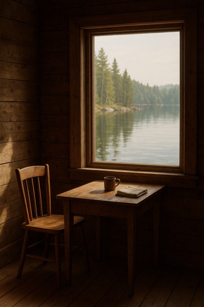 Minimal rustic fishing cabin interior with a wooden chair and table beside a large window overlooking a lake. Soft sunlight highlights the natural wood tones and peaceful simplicity.