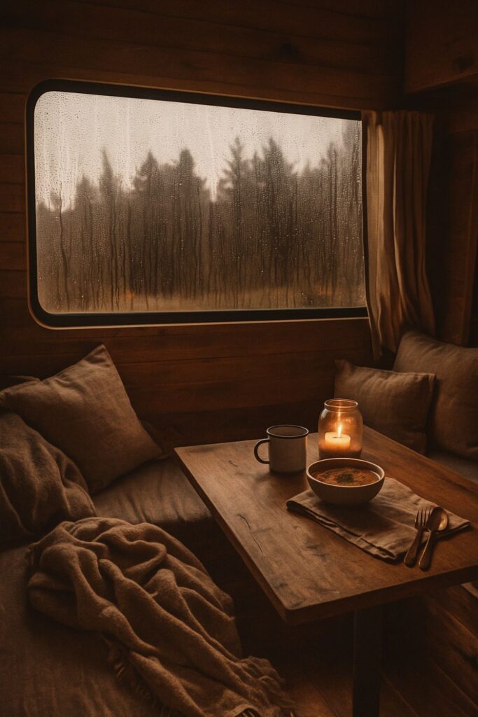 A camper van interior on a rainy day, with raindrops on the window and a soft candle glowing beside a steaming mug and soup bowl on a wooden table. Cushions and wool blankets create a warm, snug, and peaceful atmosphere.