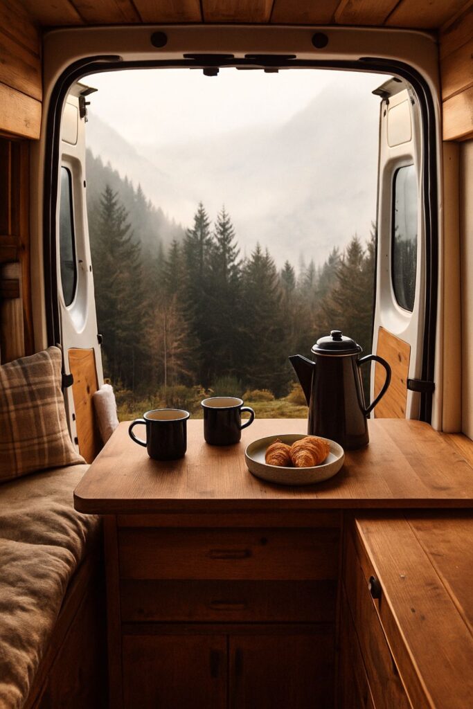 A camper van with rear doors open, revealing a wooden kitchen counter holding enamel mugs, a coffee pot, and pastries. Soft morning light shines over the forest beyond, creating a peaceful, minimalist breakfast scene.
