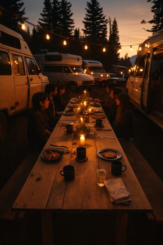 Several camper vans parked in a clearing form a circle around a long wooden table lit by warm string lights. People gather with enamel mugs and shared dishes under the evening sky, creating a cosy, communal vanlife dining atmosphere.