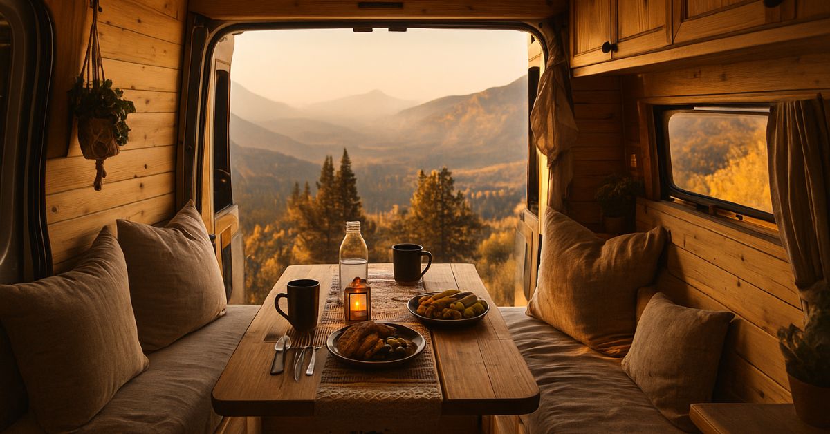 A cosy camper van dining nook with wooden walls and benches covered in linen cushions, a rustic table set for two with enamel mugs, bread, fruit, and a candle. Through the open back doors, golden light spills across a forested valley and distant mountains at sunset, creating a warm, tranquil, off-grid atmosphere.