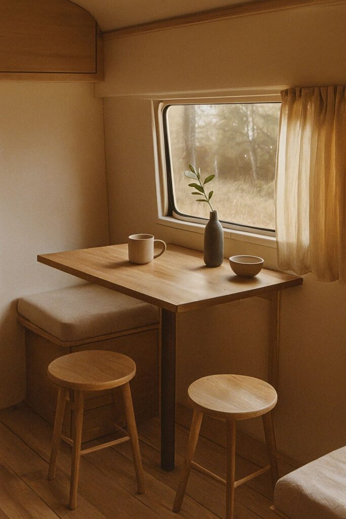 A minimalist camper van dining area with a smooth wooden table, two stools, and a small vase with a single sprig of greenery. Soft daylight streams through a window, casting gentle shadows across neutral tones of beige and wood for a serene, Zen-inspired look.