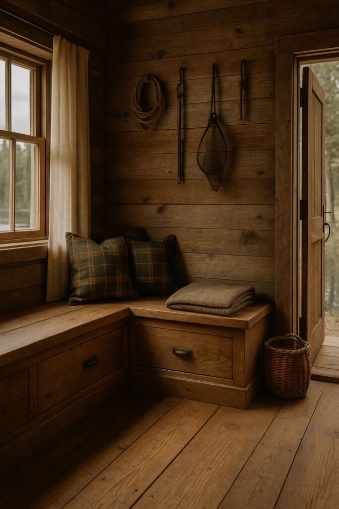 Rustic fishing cabin interior featuring a built-in wooden bench with storage drawers, plaid cushions, and linen curtains. Sunlight spills across the wood floor, highlighting fishing gear and a basket hanging on the wall beside a peaceful lake view.