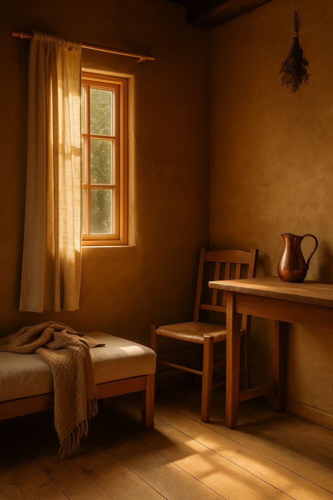 A sunlit tiny cabin interior featuring warm clay-coloured walls, wooden furniture, and a soft linen curtain glowing in golden autumn light. Dried herbs and a copper jug add earthy charm to the rustic, peaceful scene.