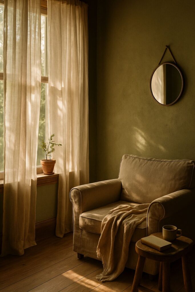 A sunlit corner of a rustic living room featuring sheer linen curtains, a wooden floor, and a soft armchair beside a window. Sunlight filters through the fabric, casting dappled patterns on muted green walls. A cup of tea and a book rest nearby, creating a serene, nature-bathed space that feels calm and restorative.
