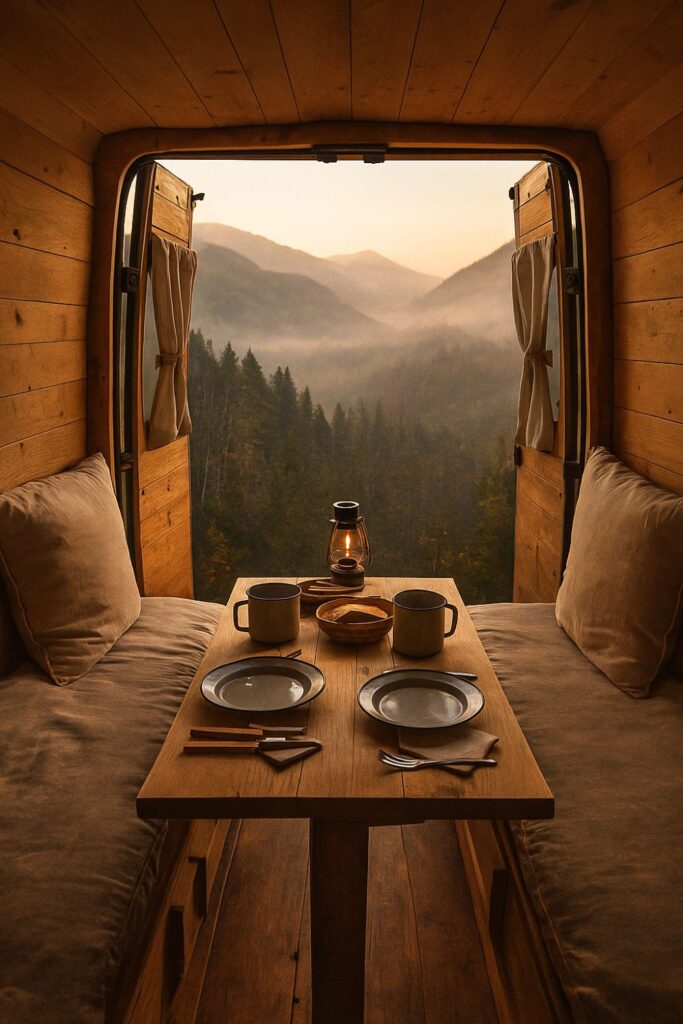 A camper van dining setup facing open rear doors overlooking a misty mountain valley. A small fold-out wooden table is set with enamel mugs, plates, and a candle lantern. The van’s wooden walls, linen cushions, and soft golden light evoke a peaceful, rustic atmosphere perfect for slow travel.