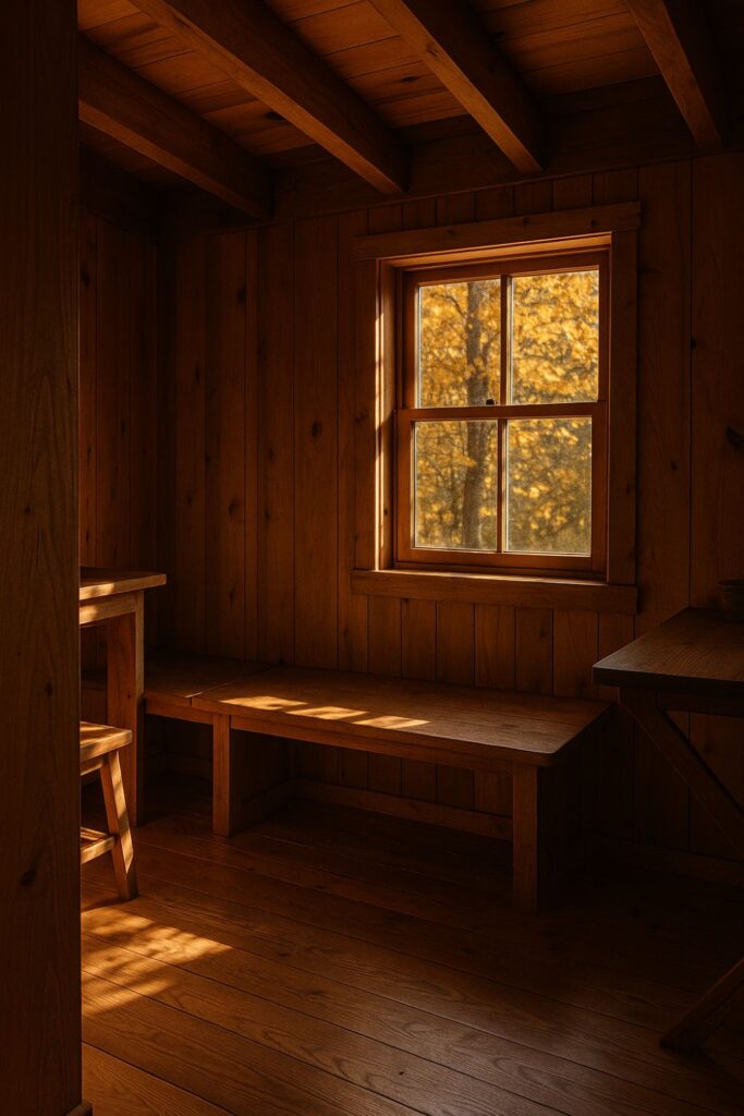 A tiny cabin interior with exposed wooden beams and panelled walls glows in golden autumn light. Sunlight filters through a window, highlighting pine textures and creating dappled patterns on the wooden floor.