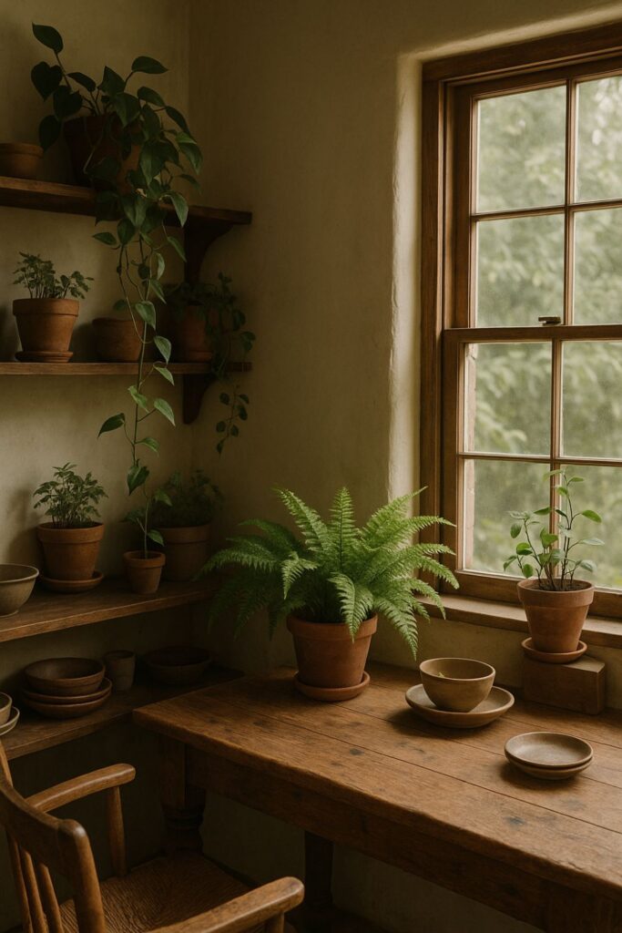 A rustic kitchen with wooden shelves and a large window filled with natural light. Clay pots with herbs, trailing ivy, and a fern bring lush greenery to the space. A weathered wooden table holds plants and stoneware dishes, creating an earthy, forest-inspired atmosphere that feels calm and connected to nature.