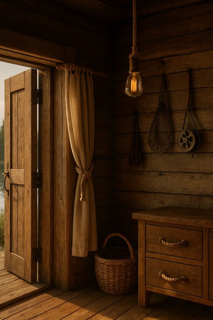 Rustic fishing cabin interior with reclaimed wood walls, rope curtain ties, and a rope-wrapped pendant light. Soft light filters through linen curtains, creating a warm and nautical feel beside a lakeside view.