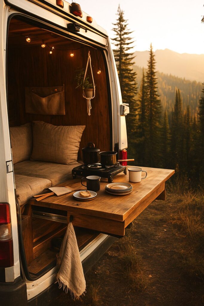 A camper van parked in nature with a slide-out wooden kitchen counter extending from the back. The counter holds a small camping stove, enamel mugs, and wooden utensils, bathed in warm golden light. The surrounding landscape of forest and hills completes the tranquil, off-grid dining atmosphere.