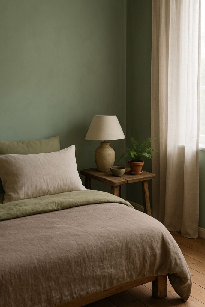 A cosy bedroom with sage green walls, linen bedding in soft moss and taupe tones, and a rustic wooden nightstand. A small fern and a ceramic lamp add natural detail, while sunlight filters through sheer curtains, casting a gentle glow that evokes the calm of a woodland retreat.