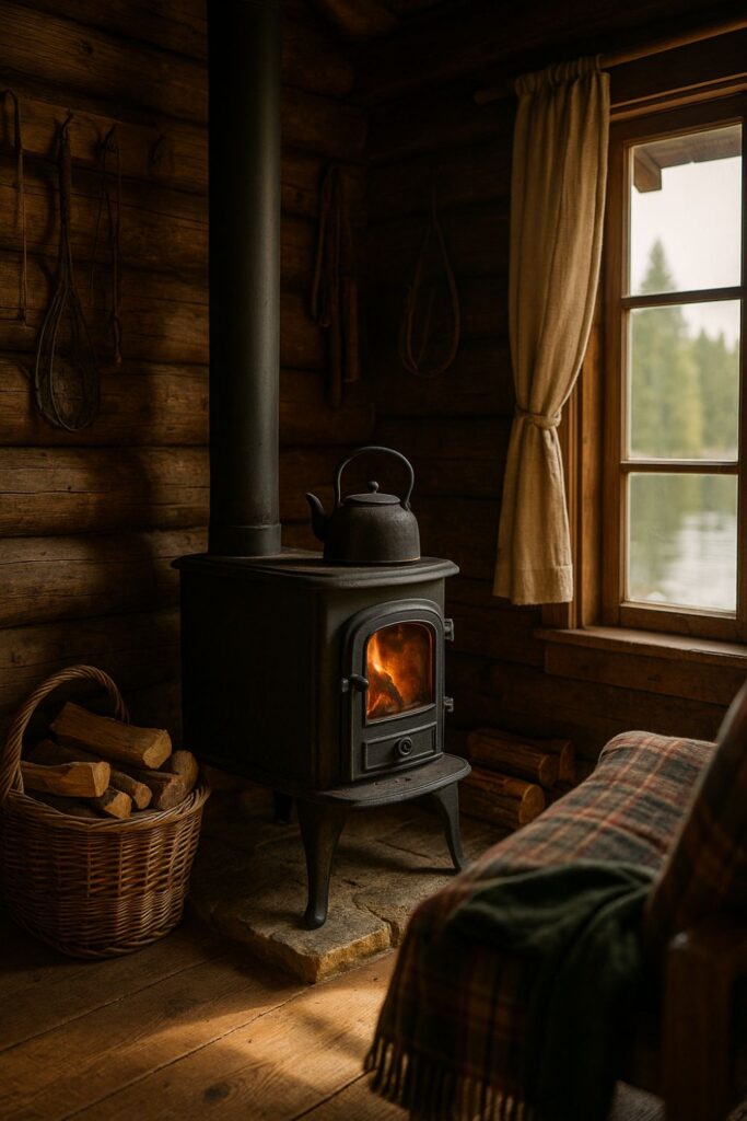 Rustic fishing cabin interior with a black potbelly stove glowing softly, surrounded by firewood and plaid blankets. Warm sunlight filters through a window, highlighting wood textures and fishing gear hanging nearby.