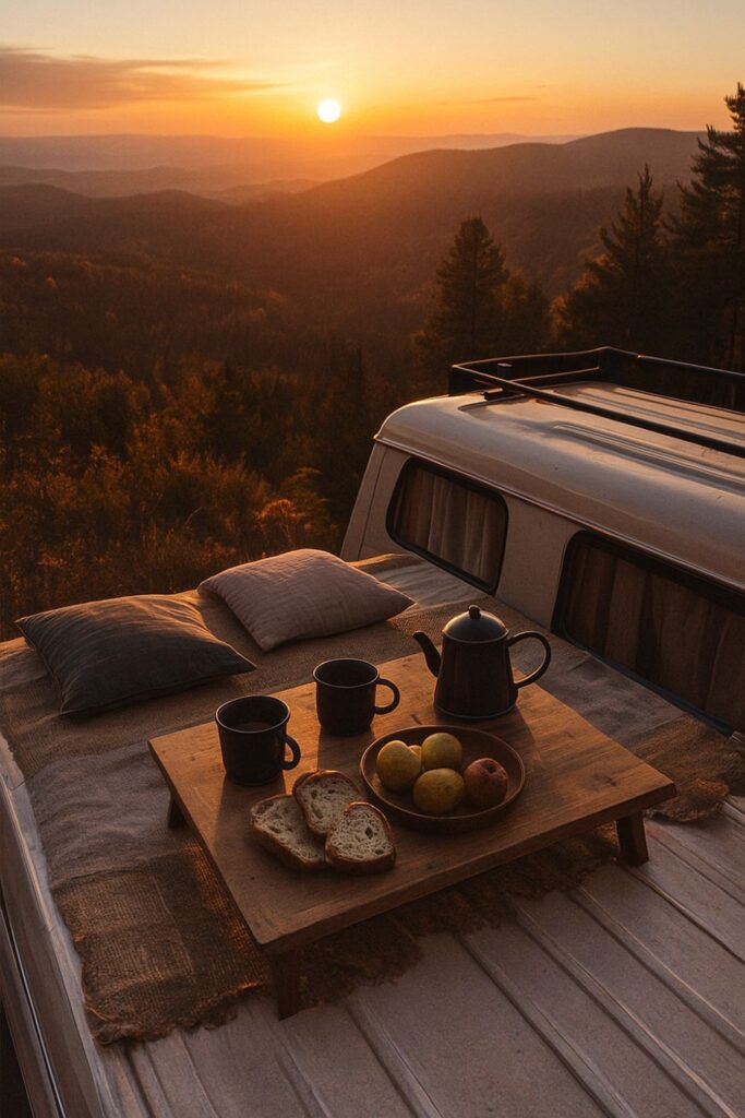 A cosy rooftop picnic setup on top of a camper van at sunset, with a woven rug, cushions, and a small wooden tray table holding enamel mugs, bread, and fruit. The background reveals rolling forested hills in warm golden light, evoking freedom, peace, and adventure.