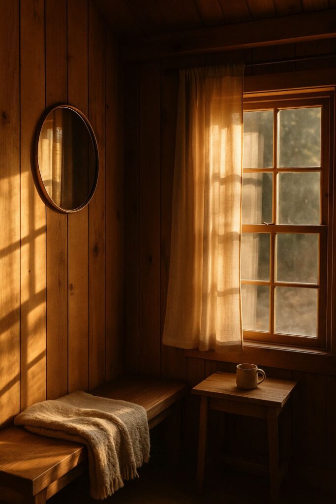 A cosy wooden cabin interior with a round brass-framed mirror reflecting warm autumn sunlight. Soft linen curtains glow by the window, and golden light dances across the wooden walls and furniture, creating a peaceful, rustic mood.