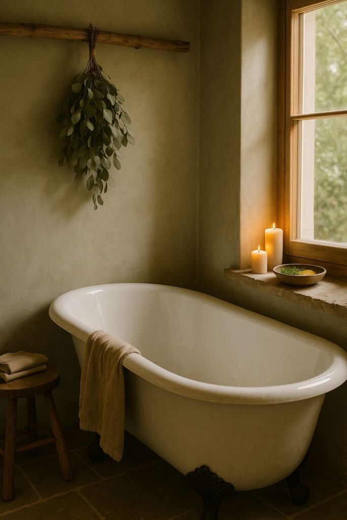 A rustic bathroom featuring a white clawfoot tub near a window framed with natural light. Dried eucalyptus hangs above, candles glow on a stone ledge, and a bowl of herbs and citrus rests nearby. Linen towels and wooden accents create a calm, forest-inspired space that feels fresh and deeply relaxing.