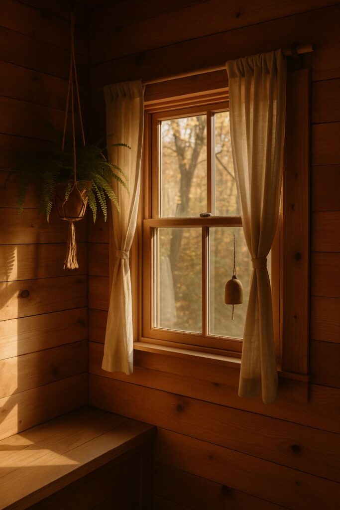 A wooden cabin interior with linen curtains tied open around a window letting in warm autumn sunlight. A hanging fern and ceramic wind chime frame the scene, creating a soft, natural glow in the rustic space.