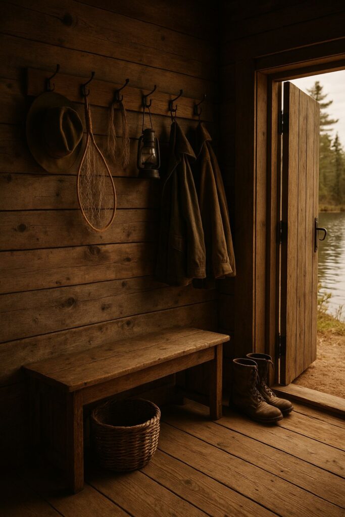 Rustic fishing cabin entryway with wooden walls, a row of hooks holding fishing nets and lanterns, and a woven basket on the floor. Sunlight streams through the open door, revealing a tranquil lake beyond.