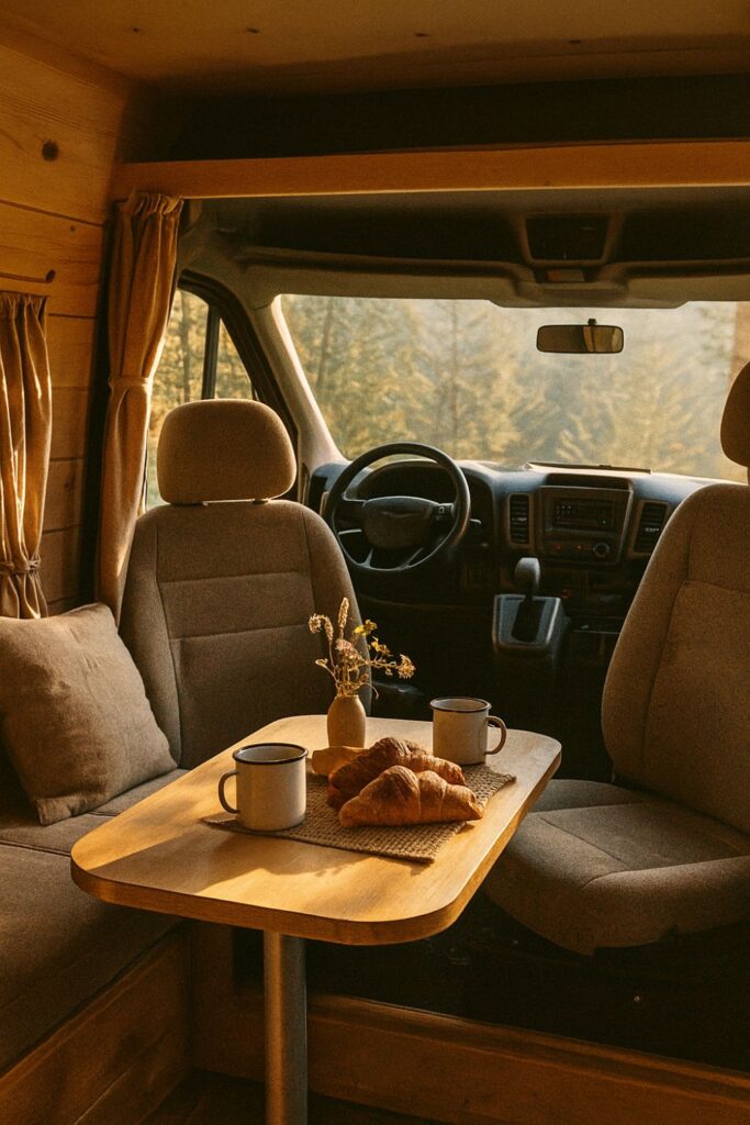 A camper van interior with front seats swivelled to face a small central table set for two with enamel mugs, croissants, and wildflowers in a vase. Sunlight streams through the front windows, illuminating warm wooden accents and soft linen textures, creating a cosy, peaceful dining nook.