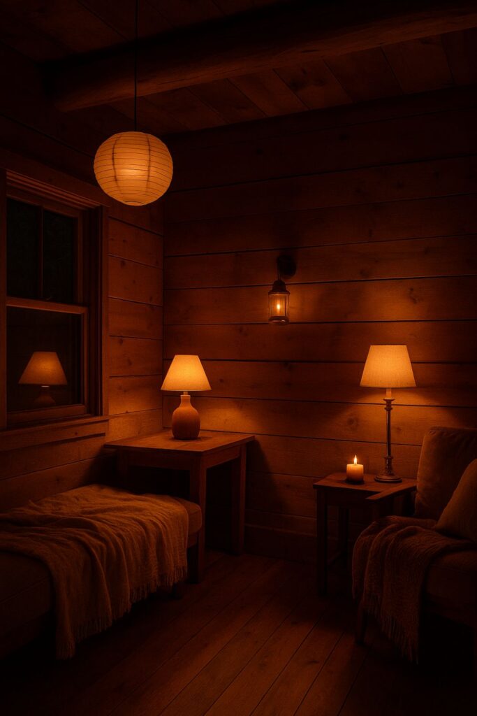 A wooden cabin interior softly illuminated by warm amber lamps, sconces, and candles. The layered lighting casts a golden glow over rustic furniture and textiles, creating a tranquil twilight mood.