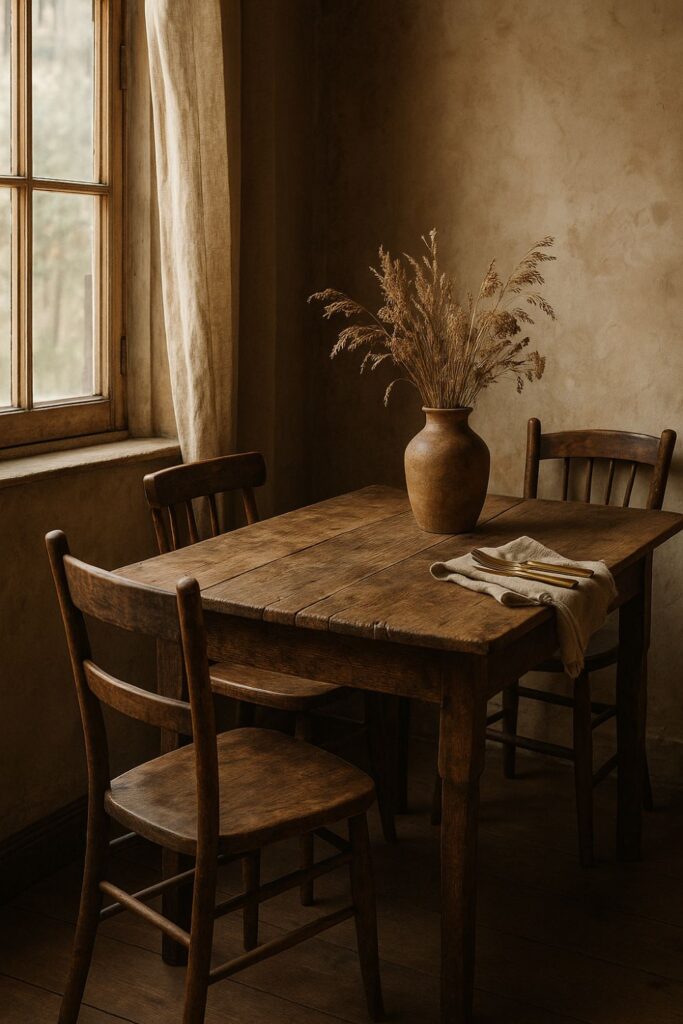 A rustic dining nook with a weathered wooden table, mismatched chairs, and a ceramic vase filled with dried wildflowers. Warm sunlight streams through the window, highlighting the patina of brass cutlery and wrinkled linen napkins. The softly aged walls and natural textures evoke a timeless, lived-in calm.
