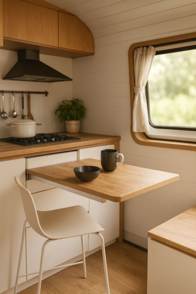A compact camper van interior featuring a pull-out wooden drawer table extended from a cabinet. The table holds an enamel mug, fruit, and a linen napkin. Warm natural light fills the van, accentuating the soft beige cushions and rustic wooden walls — a perfect minimalist dining nook for vanlife.