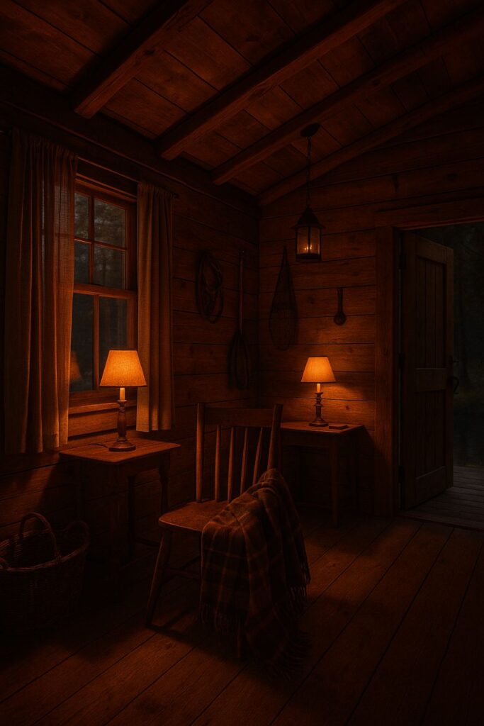 Rustic fishing cabin interior lit with soft lamps and lanterns. Golden light glows against reclaimed wood walls, plaid textiles, and fishing gear, creating a warm, tranquil mood.