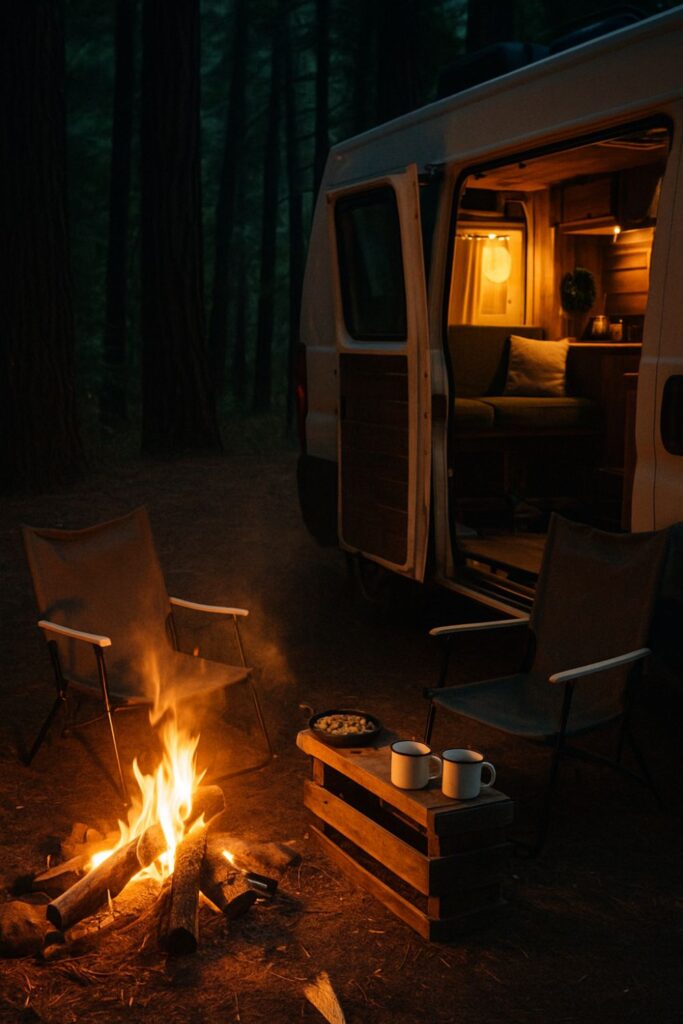 A cosy campfire-side dining setup next to a camper van in a forest clearing. Two chairs face a glowing fire, with enamel mugs and a skillet of food on a small table between them. Warm light from the fire and the van creates a rustic, peaceful off-grid evening atmosphere.
