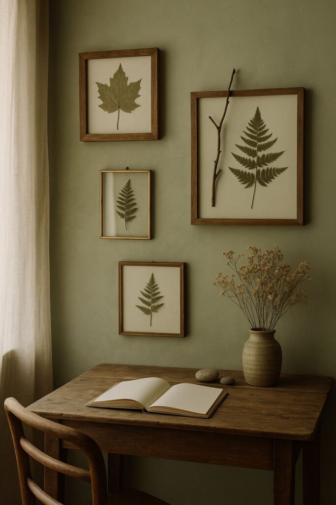 A serene study nook with framed pressed leaves and ferns hanging on a soft green wall. A wooden desk beneath holds an open journal, a vase of dried flowers, and a few smooth pebbles. Gentle sunlight filters through linen curtains, creating a peaceful, nature-inspired workspace that feels calm and creative.