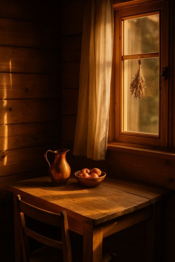 A rustic wooden cabin interior glows in warm afternoon light. On a small wooden table, a copper jug, a bowl of apples, and dried herbs reflect golden sunlight, casting soft shadows across the cosy space.
