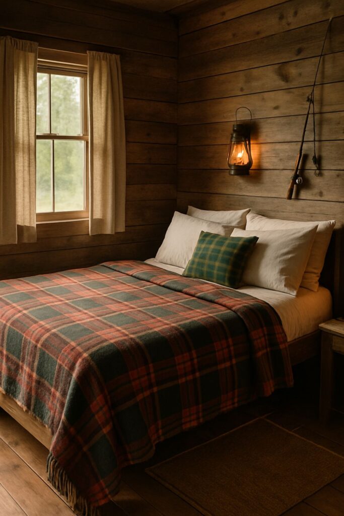 Rustic fishing cabin bedroom with plaid flannel blankets in earthy tones, linen curtains, and fishing gear hanging on the wall. Natural light fills the room, giving it a soft, inviting warmth.