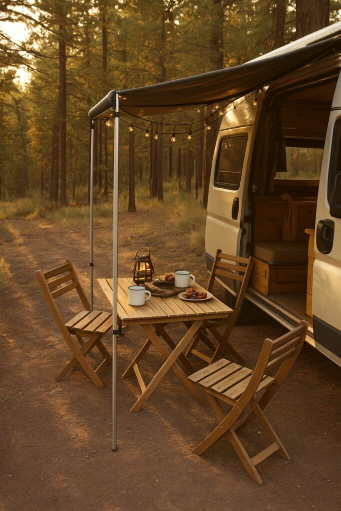 A camper van parked in a sunlit forest clearing with an awning extended overhead. Beneath it, a small wooden table and two chairs are set for an outdoor meal with enamel mugs, fruit, and a lantern. The scene glows with warm light and relaxed vanlife charm.