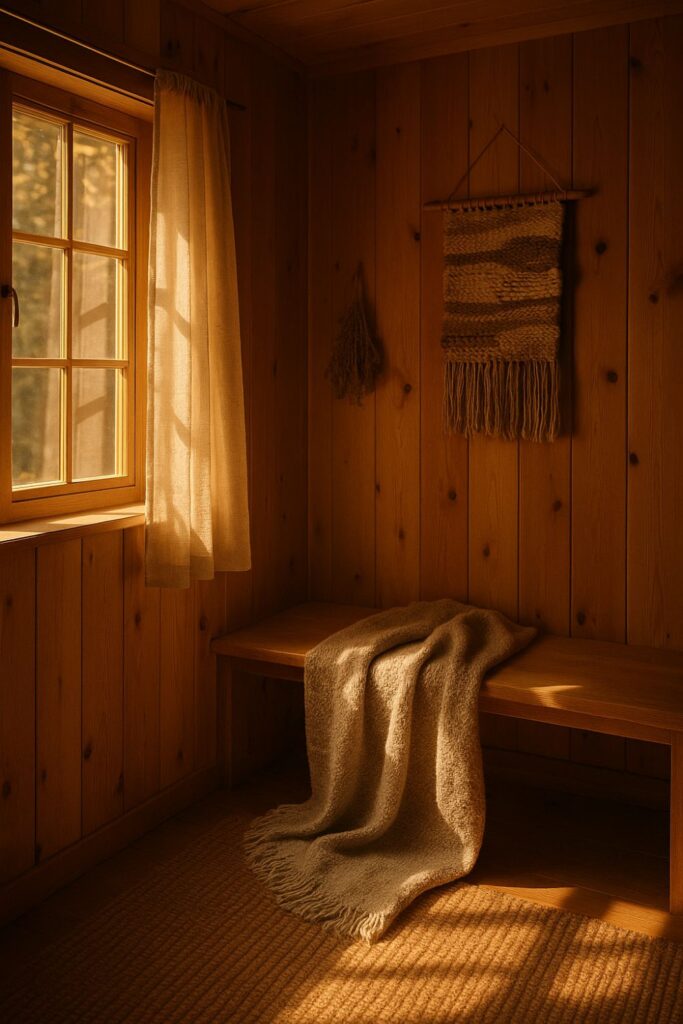 A rustic cabin interior glows with sunlight falling across linen curtains, a wool blanket, and a woven wall hanging. The natural fabrics and wood walls create soft, dappled shadows in a golden autumn light.