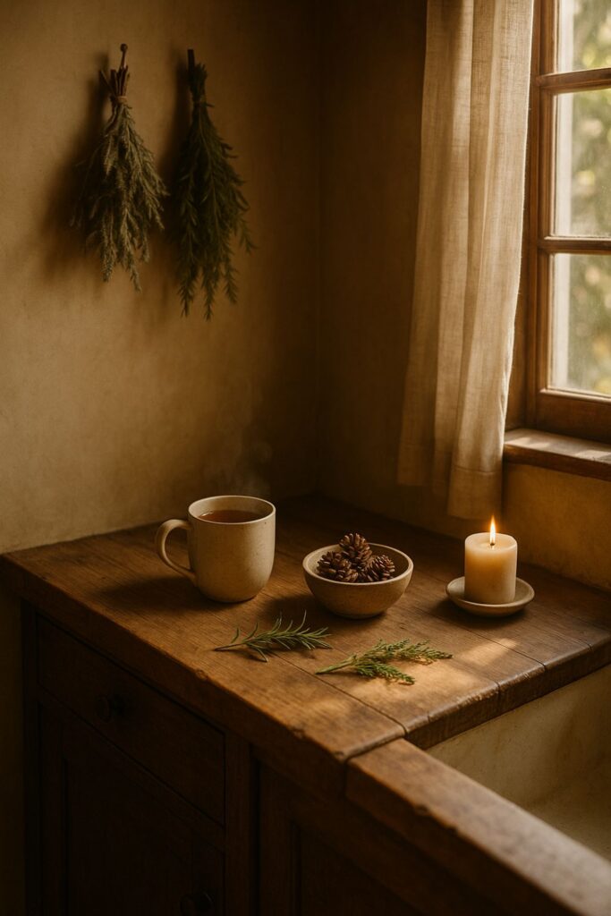 A rustic kitchen corner with a wooden counter, a steaming cup of tea, a bowl of pinecones, and a sprig of rosemary. Sunlight pours through a nearby window, catching on hanging herbs and a lit candle. The scene feels calm, earthy, and mindful — a gentle moment of daily ritual surrounded by nature’s warmth.