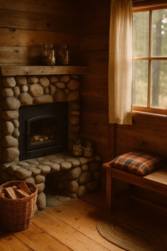 Rustic cabin interior with a small fireplace surrounded by river rocks, wooden walls, and jars of smooth pebbles on a shelf. Soft sunlight enhances the natural stone and wood textures.