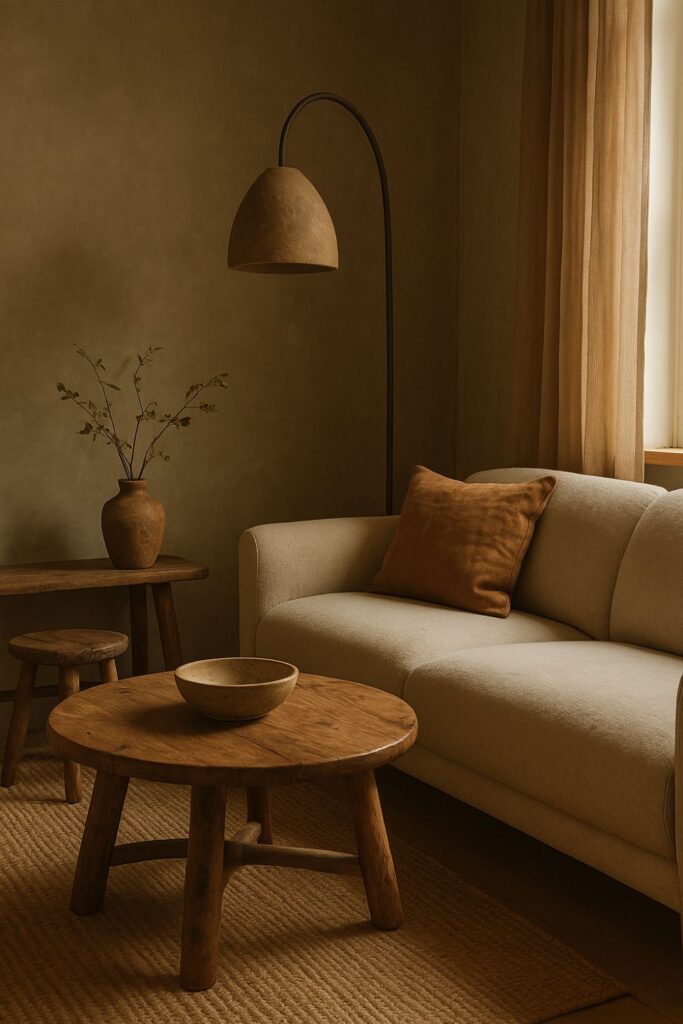 A rustic living room with a curved linen sofa and a round wooden coffee table with a natural live edge. Soft earthy cushions and a woven rug add texture, while a clay vase and sculptural lamp bring handmade warmth. Natural light streams through a window, creating a calm, organic atmosphere inspired by the forest.