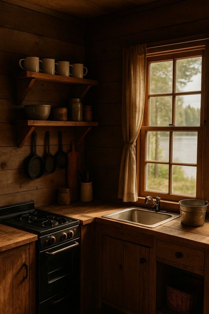 Rustic fishing cabin kitchenette with open wooden shelves, enamel mugs, and cast iron pans. A small stove sits below a window, sunlight illuminating the wood tones and lake view beyond.