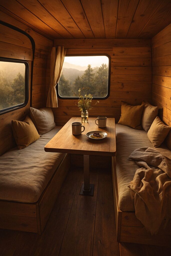 A camper van dining area with two cushioned benches facing each other and a central wooden table. Sunlight streams through linen curtains, highlighting the warm wood and soft neutral fabrics. The setup easily converts into a bed, balancing comfort and practicality in a small, elegant space.
