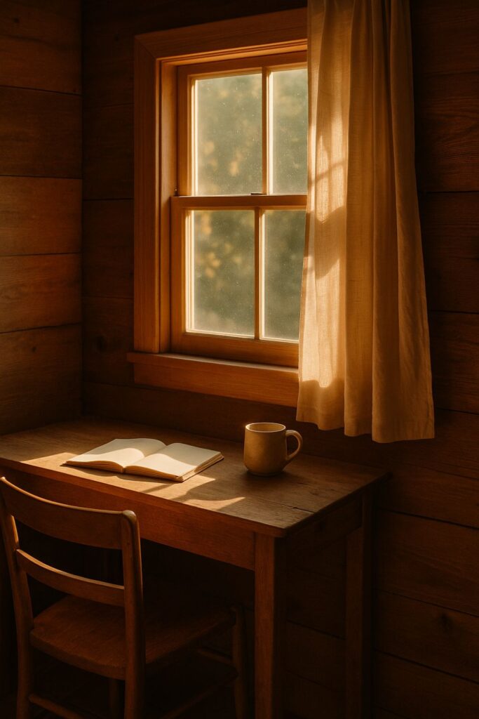 A sunlit wooden cabin interior shows a small writing desk by a window. Golden morning light streams through linen curtains onto an open notebook and ceramic mug, creating a serene autumn mood.