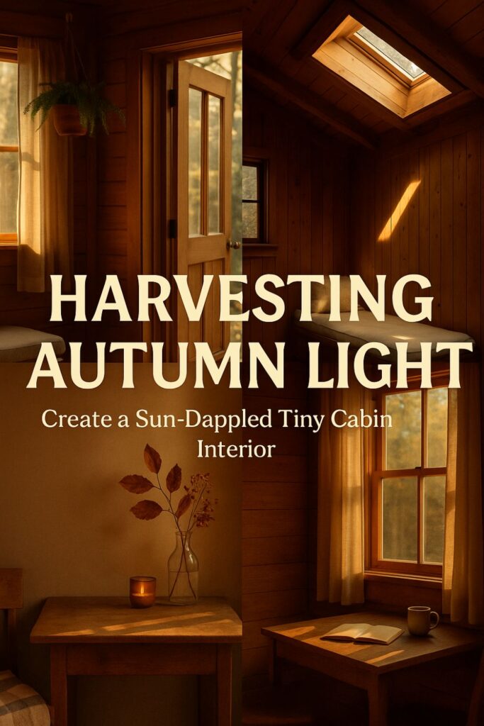 A warm Pinterest collage pin featuring cosy wooden cabin interiors bathed in golden autumn light. The layout includes windows glowing with sunlight, a skylight casting soft beams, and rustic details like linen curtains and dried leaves. Overlaid bold serif text reads “Harvesting Autumn Light — Create a Sun-Dappled Tiny Cabin Interior,” blending seamlessly with the earthy ochre and cream tones.