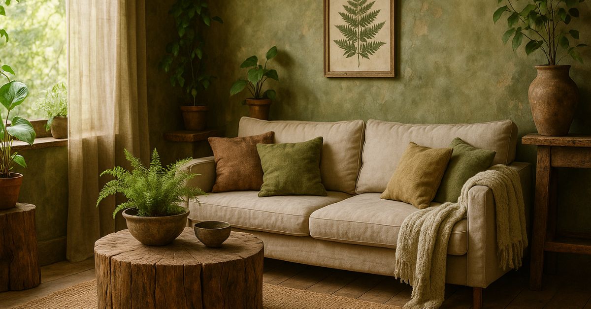 A cosy, nature-inspired living room with moss-green walls, rustic wooden furniture, and a beige sofa decorated with earthy-toned cushions. Sunlight filters through sheer curtains, illuminating potted plants, a jute rug, and a tree-stump coffee table topped with ferns and clay bowls, creating a calm, forest-like atmosphere indoors.